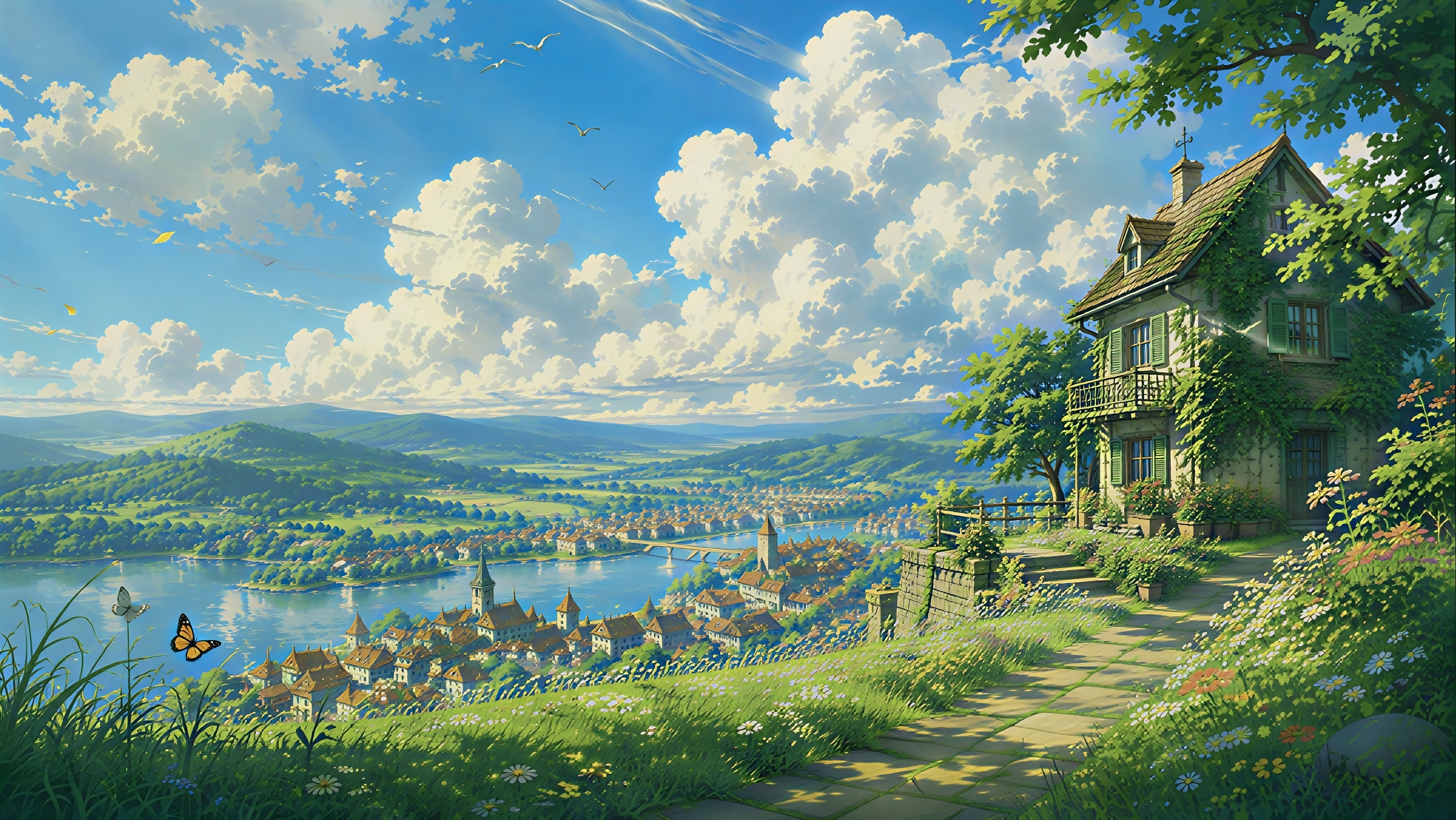 Watercolor sky and hillside landscape